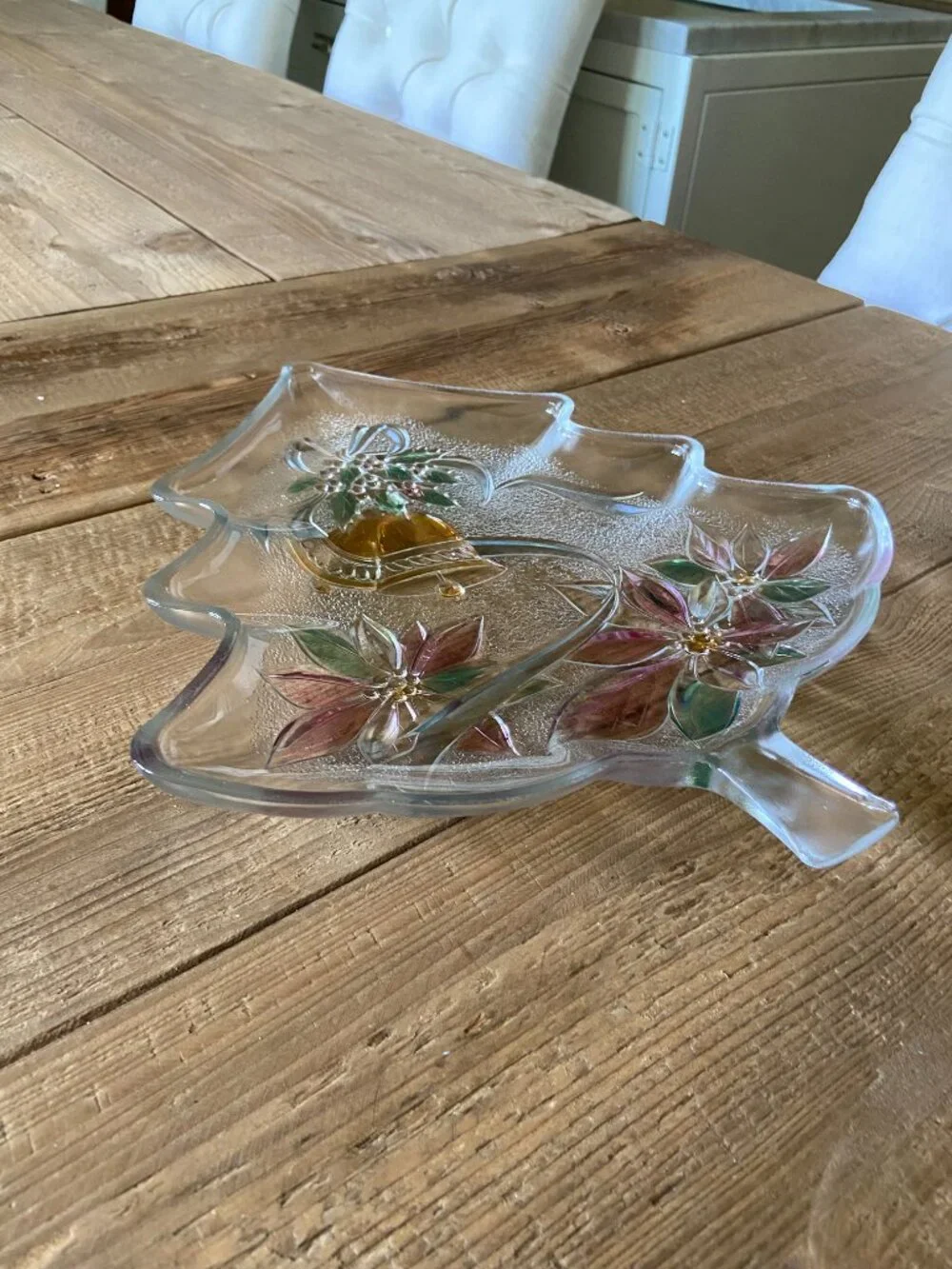 Christmas tree serving platter, holiday glass tray, hand painted centerpiece,